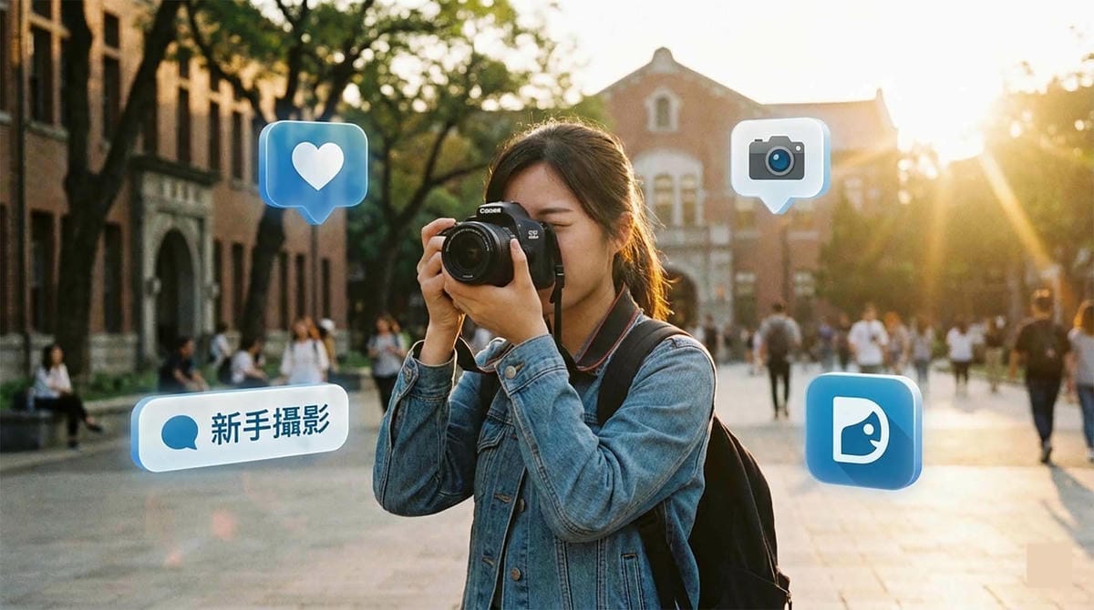 一名大學生在校園中興奮地拿著單眼相機透過觀景窗拍照，背景有 Dcard 風格的對話框圖示，象徵新手入門與社群討論 / University student holding a DSLR camera looking through the viewfinder, campus background, Dcard style graphics floating, beginner photography.